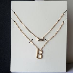 2-piece Necklace Set Gold Tone Initial Letter "B" and Rhinestone Baguette